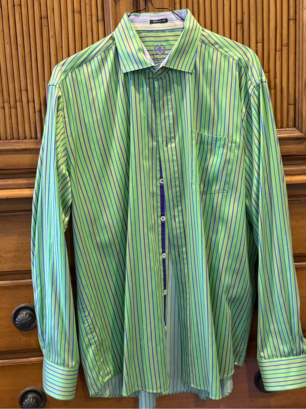 Bugatchi Green and Blue Striped Casual Button-Down Shirt